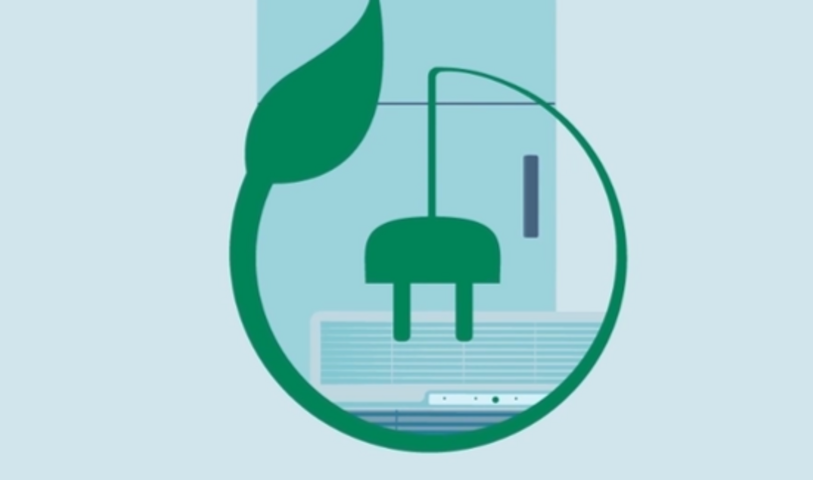 L'illustration montre un réfrigérateur et un climatiseur et un symbole pour éfficacité énergétique.